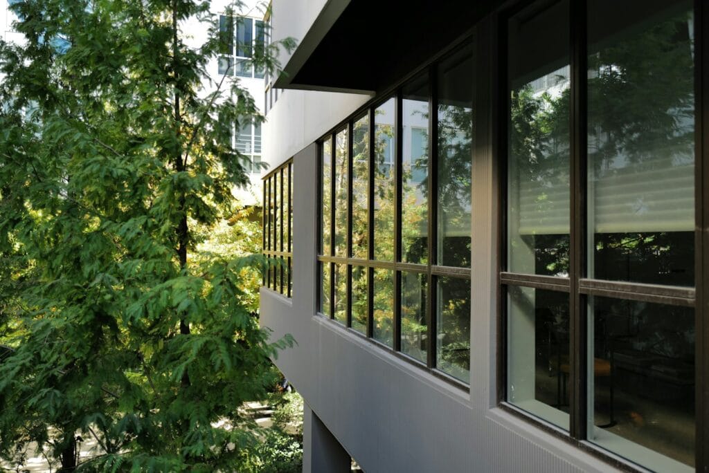 Modern building with large windows and green trees